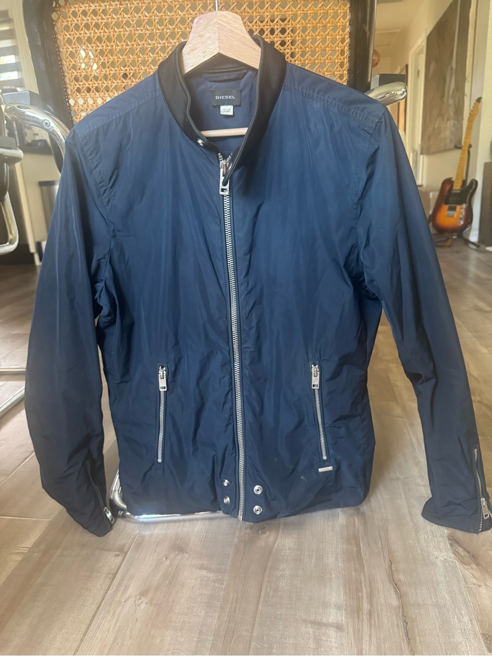 Diesel Men's Navy Blue Moto Jacket with Silver Zippers